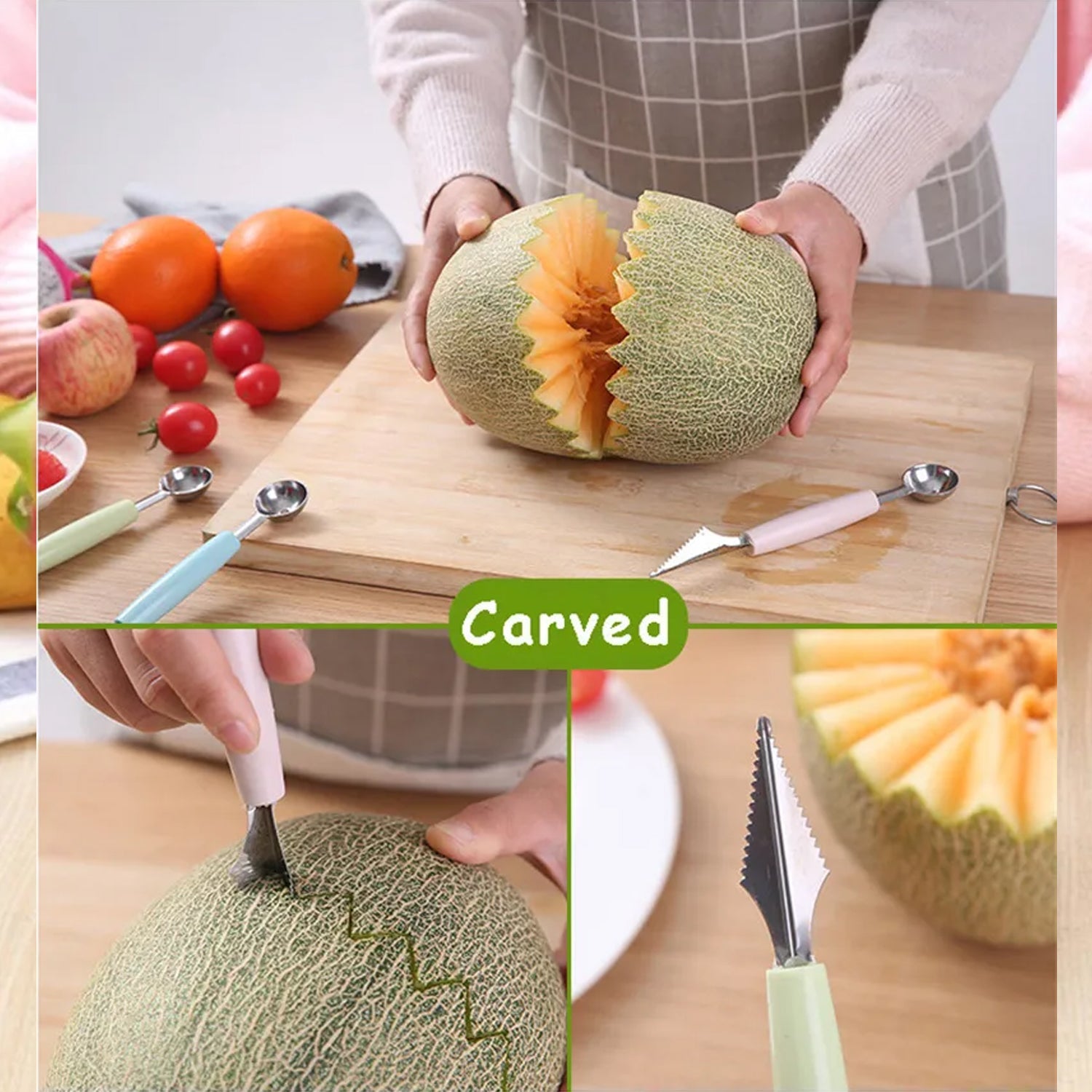 7031 Multifunctional Stainless Steel Fruit Vegetable Pattern Carving Knife Peeler Corer Spherical Dig Ball Scoop Garnishing Dig Ball Spoon Kit. Wukusy