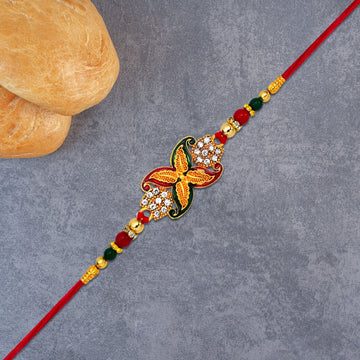 Elegant Red-green Bead Rakhi With Intricate Golden Flower Motif Wukusy