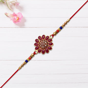 Red Floral Stone Rakhi With Bead Accents Wukusy