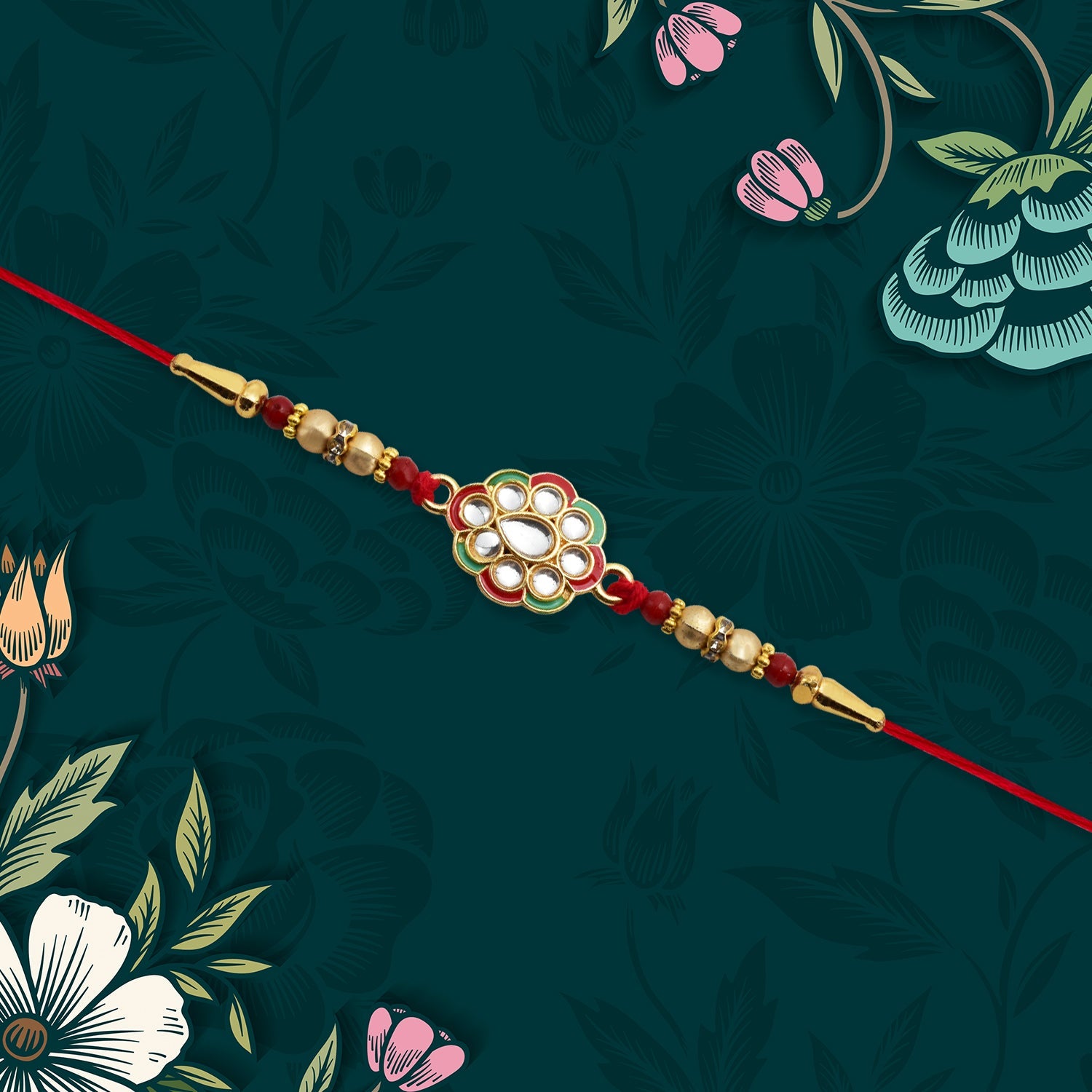 Kundan Work Floral Rakhi With Red Thread Wukusy