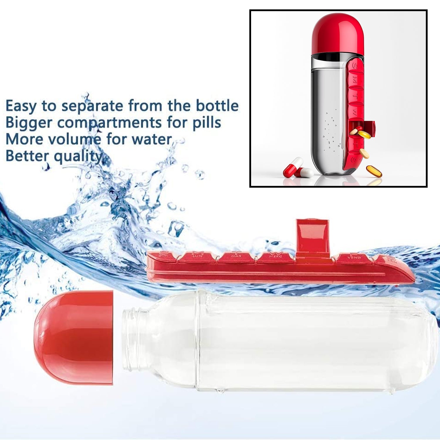 Water Bottle With Built-in 7-day Pill Organizer Approx 900ml (1 Pc) Wukusy