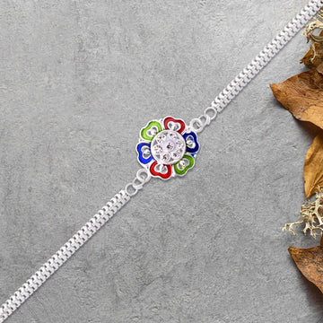 Silver Floral Rakhi With Multicolor Enamel And Stones Wukusy