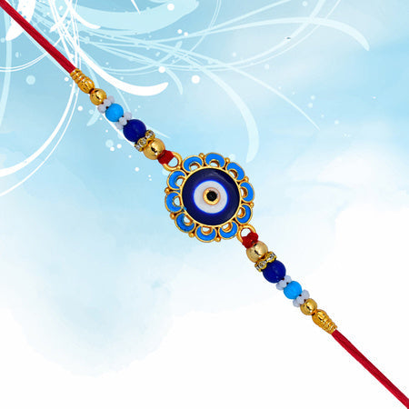 Evil Eye Rakhi With Blue Beads And Golden Accents  Protective Nazar Design Wukusy