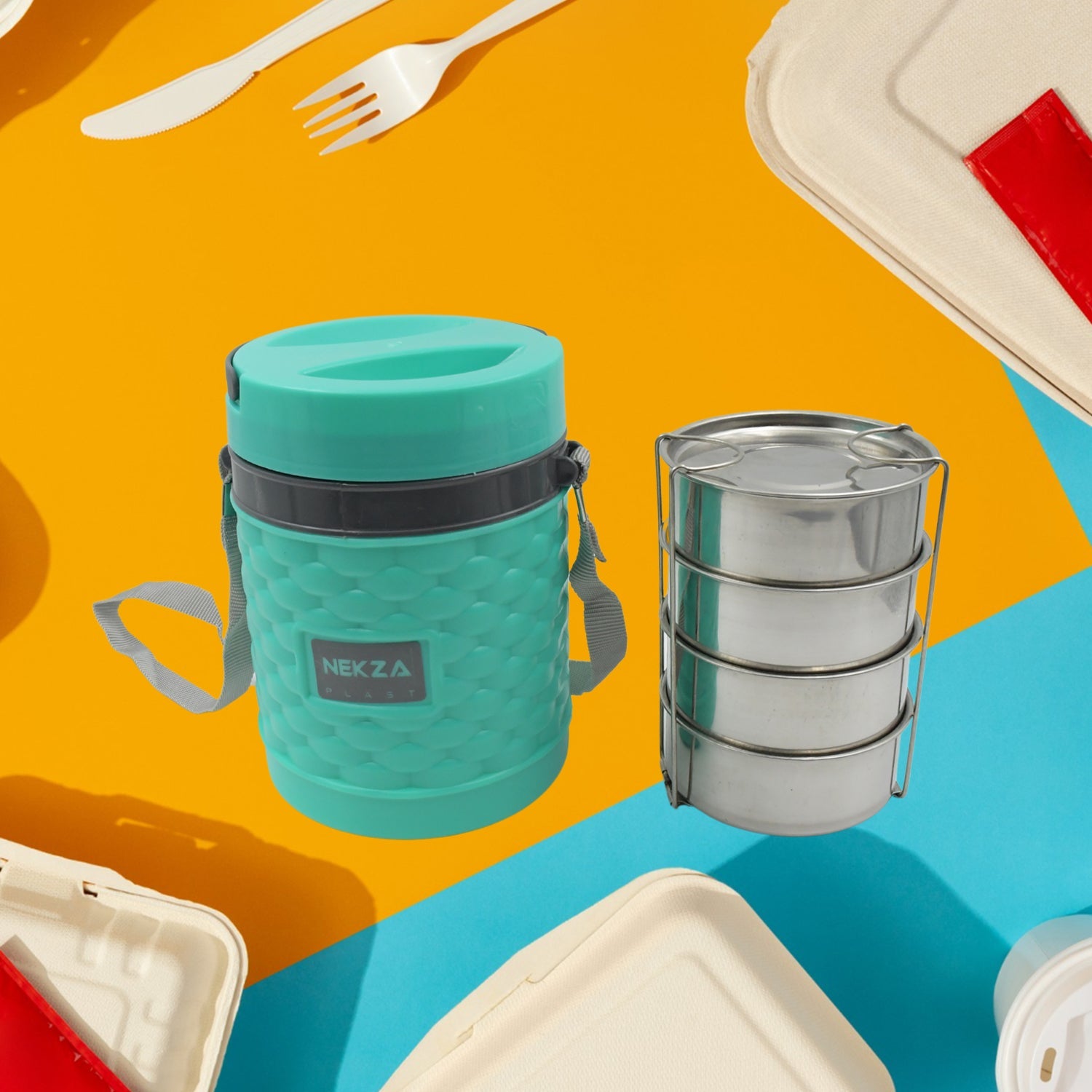 2364 Double Wall Insulated Stainless Steel Tiffin 4 Compartment Lunch Box With Handle Stackable Stainless Steel Lunch Box  Bpa Free  Leakproofdabba For Office Home Shool Hot Outer Plastic Tiffin Box Set (1 Pc 4 Compartment) Wukusy