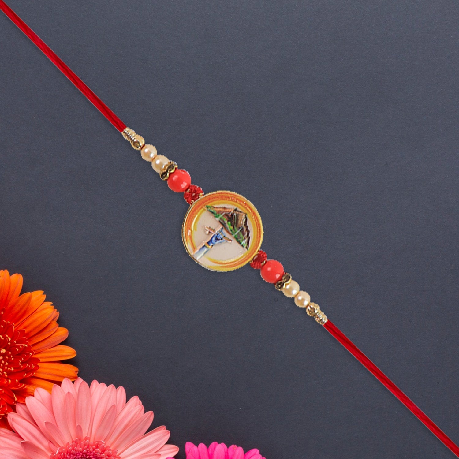 Divine Krishna Govardhan Parvat Rakhi With Pearl  Mauli Thread Wukusy