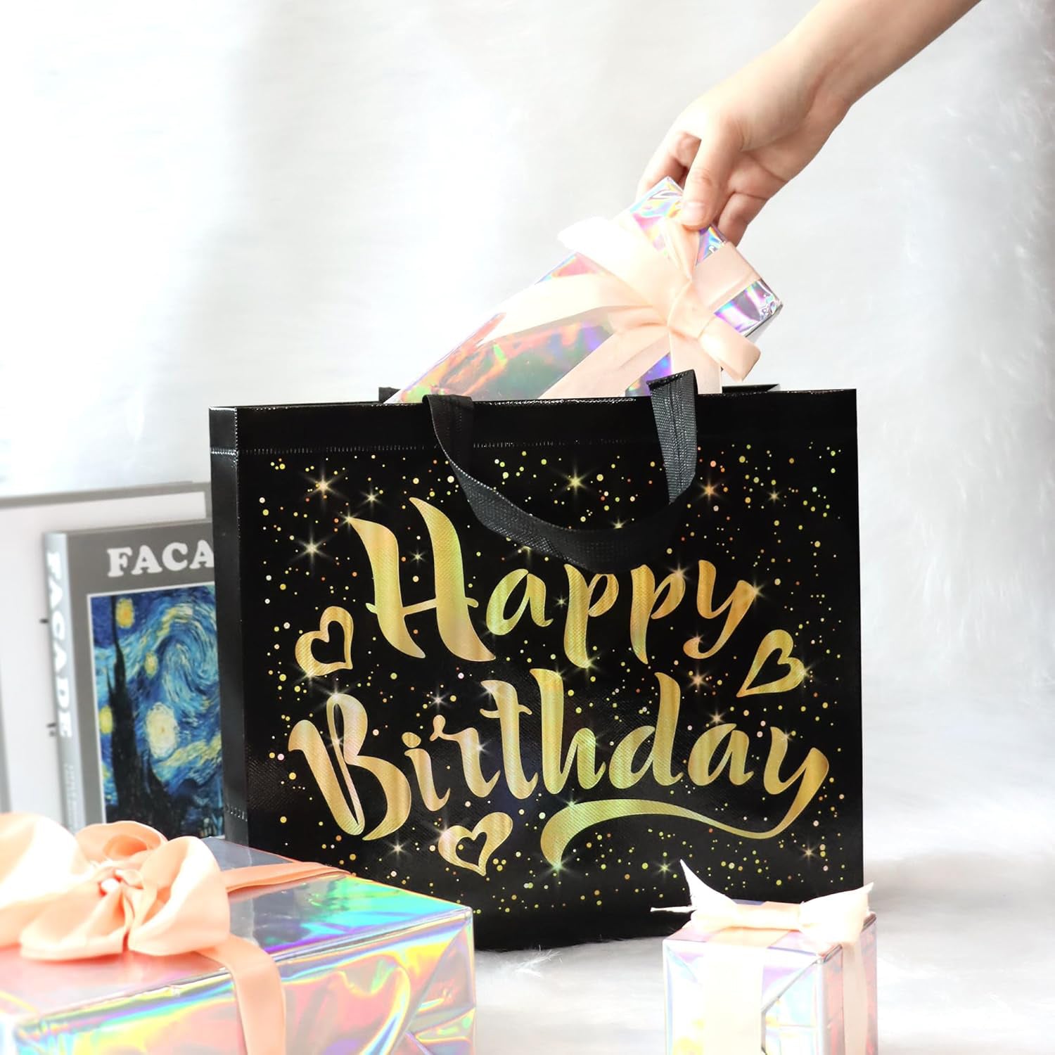 Birthday Gift Bag With Gold Shiny Stars Reusable Party Gift Bags (1 Pc) Wukusy