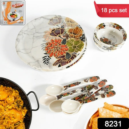 8231 Dream High Quality Plastic Dinning Dinner Set With Unique Flower Design Printed 6 Pc Plates 6 Pc Bowls And 6 Pc Serving Spoon Lightweight Round Plates And Bowls Microwave And Dishwasher Safe (18 Pcs Set) Wukusy
