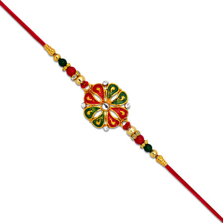 Designer Flower Rakhi With Colorful Enamel Petals And Golden Beads Wukusy