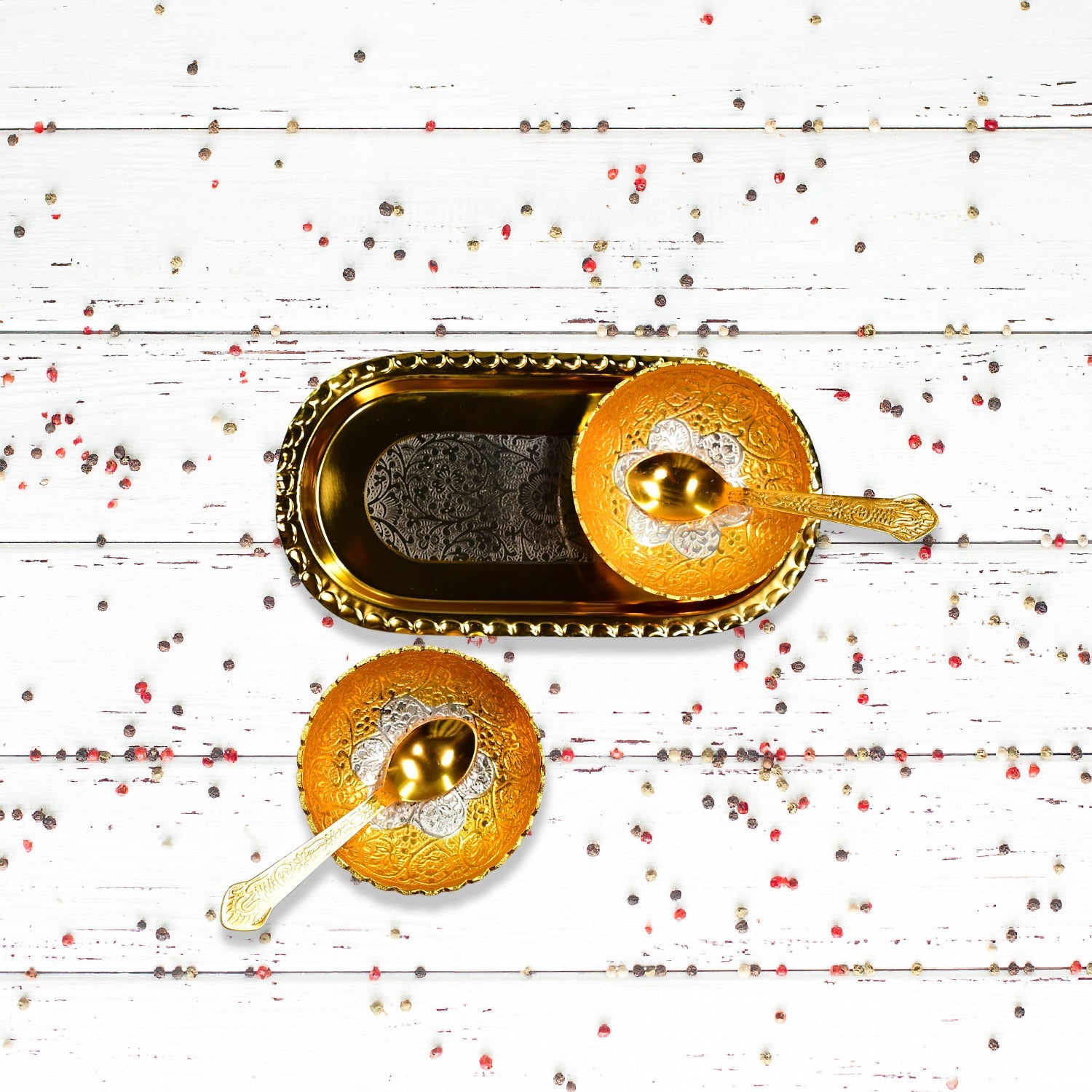 2947 Gold Silver Plated 2 Bowl 2 Spoon Tray Set Brass With Red Velvet Gift Box Serving Dry Fruits Desserts Gift Wukusy