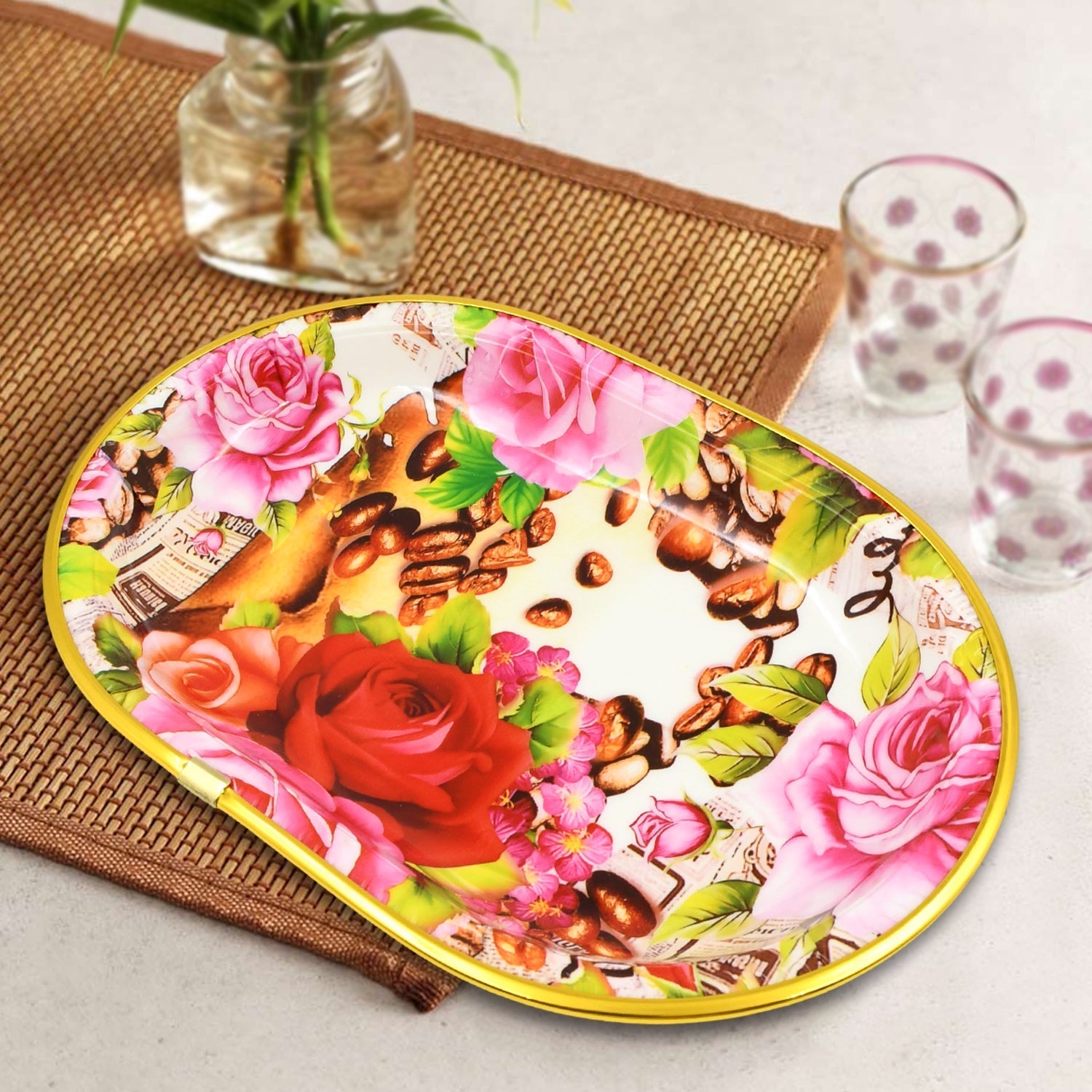 Plastic Flower Printed Design Serving Tray (3 Pcs Set  Mix Color) Wukusy