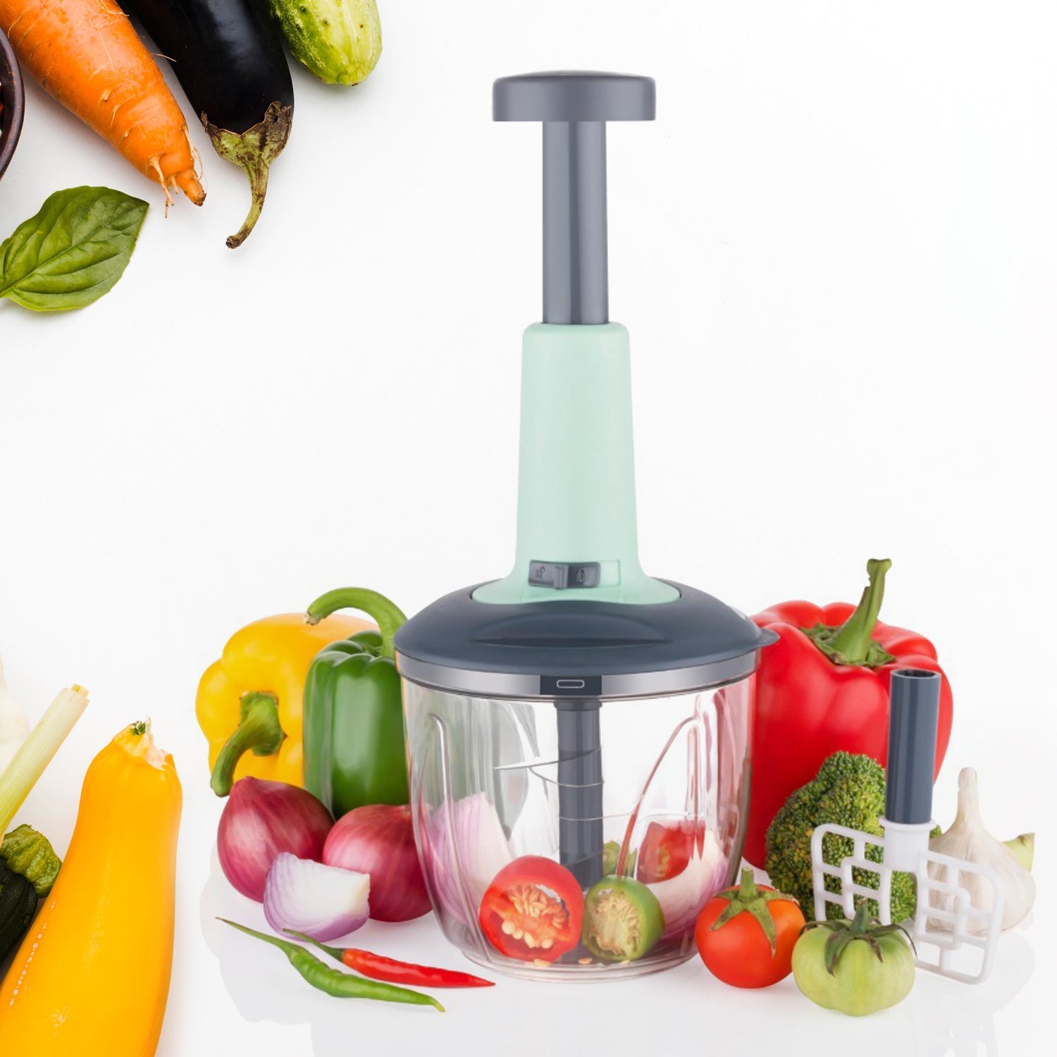 5368 1100 Ml 2 In 1 Push Up Chopper With Blender Affixed With 6 Sharp Blade  Vegetable And Fruit Cutter With Easy Push And Chop Button Wukusy