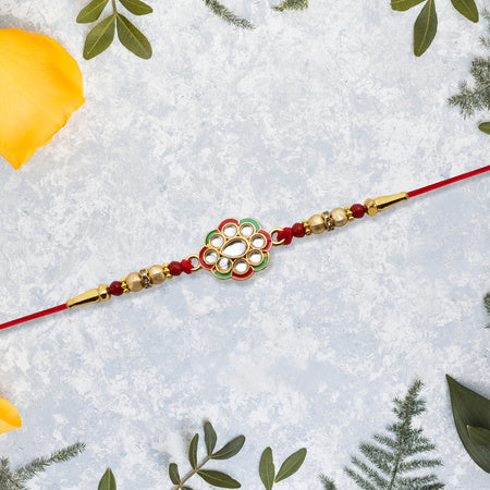 Kundan Work Floral Rakhi With Red Thread Wukusy
