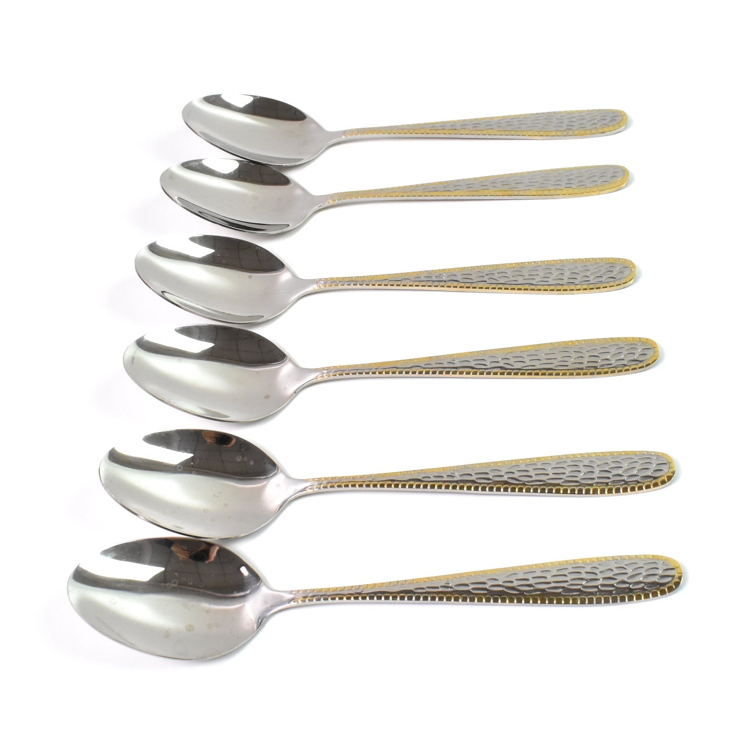 Stainless Steel Gold Bordered Textured Spoons Gold Plated Handle Set Of 6 Pc Wukusy