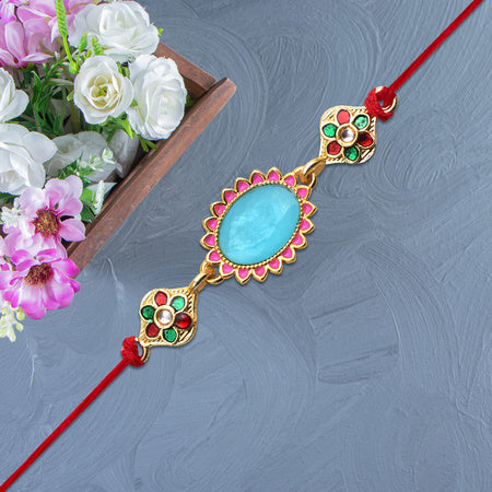 Blue Stone Rakhi With Floral Meenakari Accents Wukusy