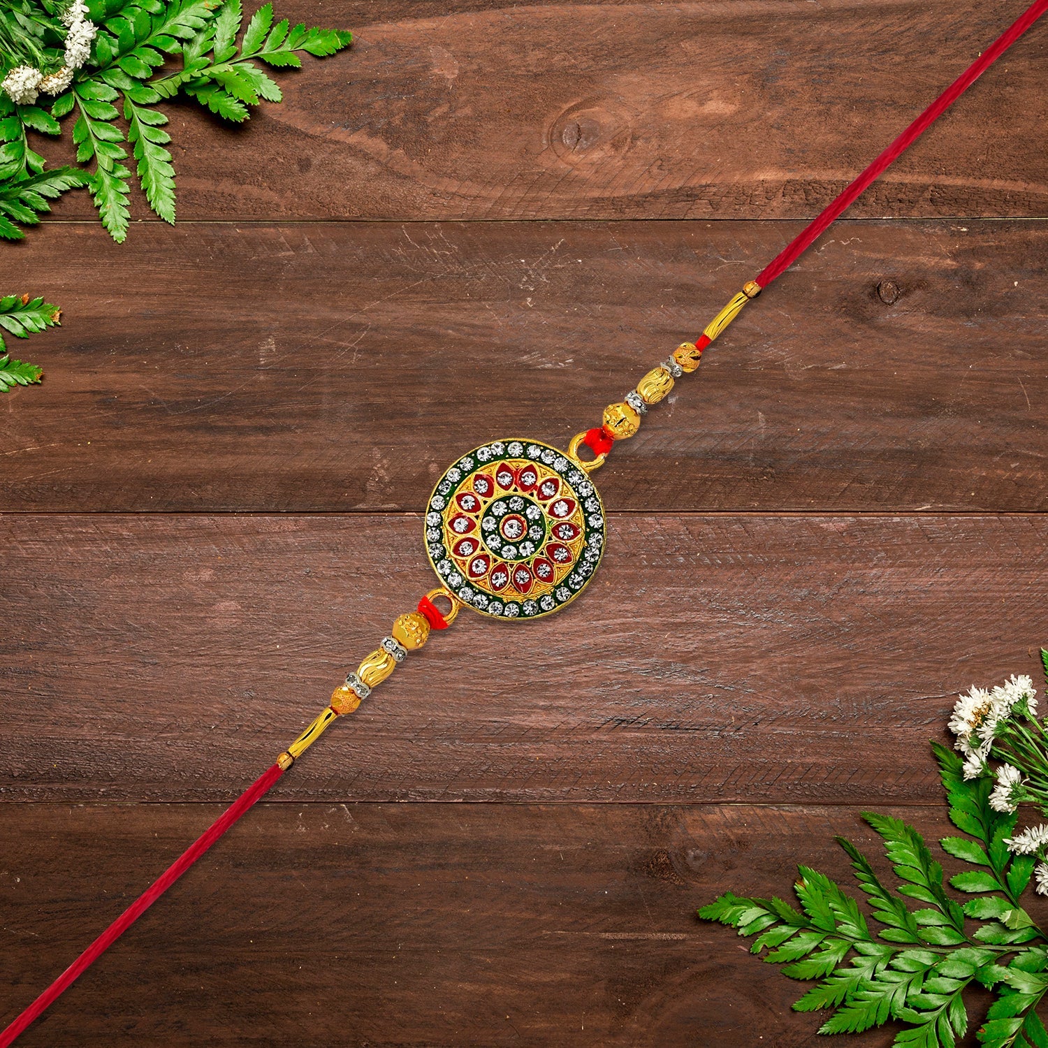 Royal Designer Rakhi With Kundan Centerpiece Red  Green Enamel Work And Golden Beads Wukusy
