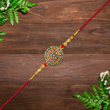 Royal Designer Rakhi With Kundan Centerpiece Red  Green Enamel Work And Golden Beads Wukusy