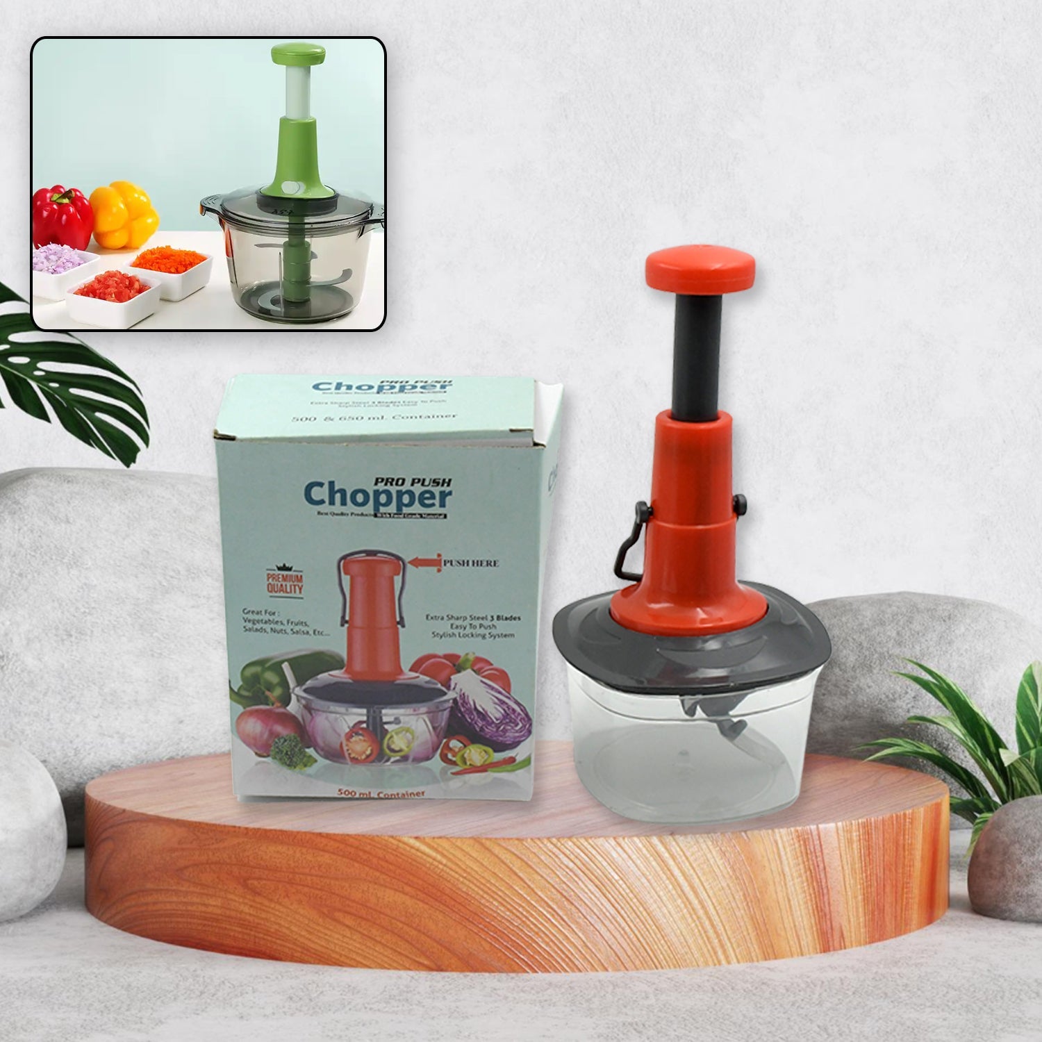 5790 Manual Press Fruit  Vegetable Chopper With 3 Stainless Steel Blades Anti-slip Base And Locking System Cutting Chopper For Kitchen (650 Ml) Wukusy