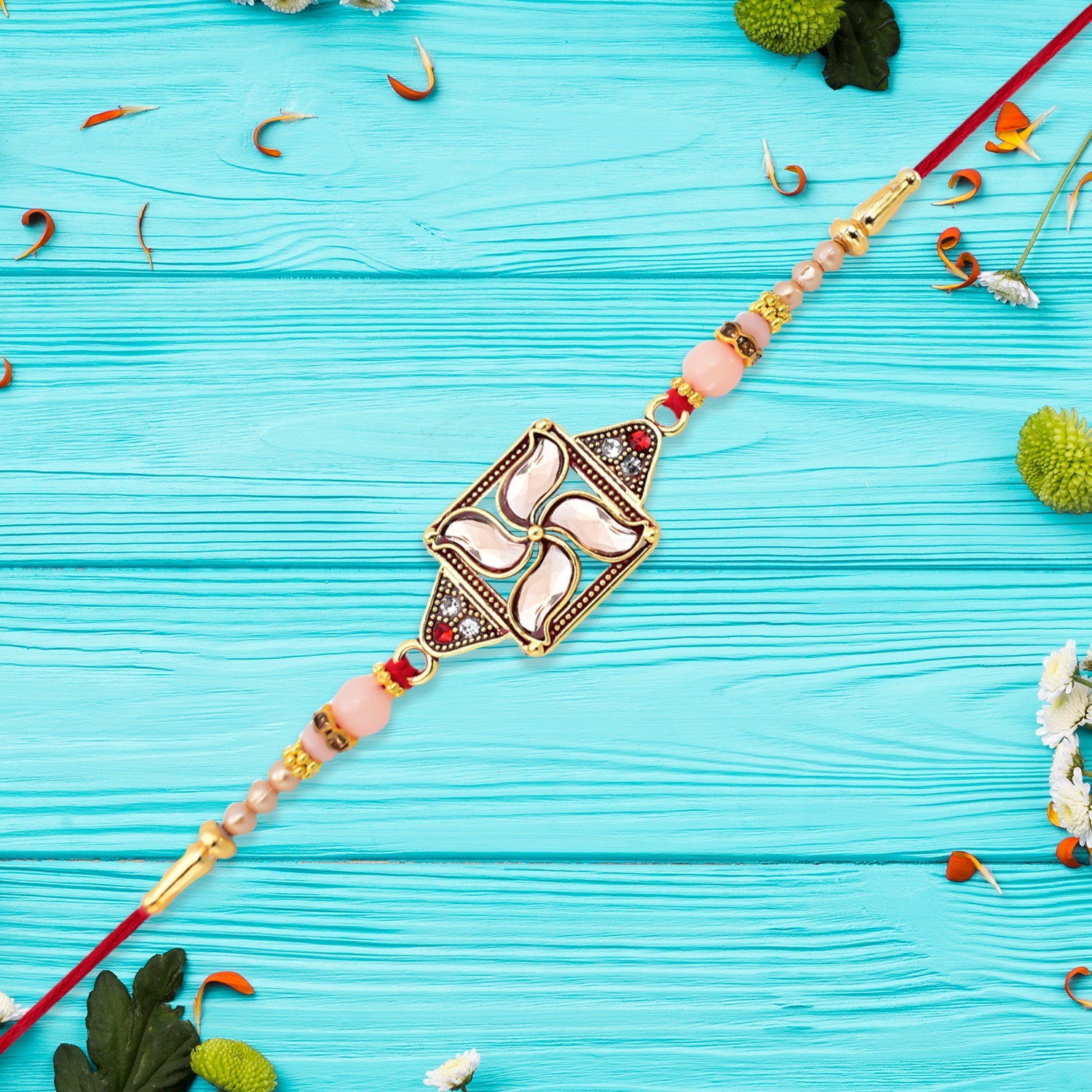 Designer Rakhi With Swastik-inspired Kundan Dial And Decorative Beads Wukusy