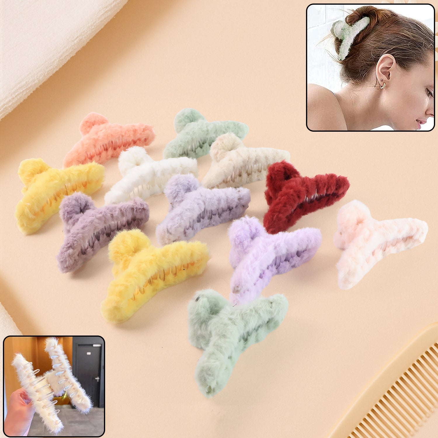 Premium Soft Fur Coated Hair Clutcher Clip Set (12 Pc) Wukusy