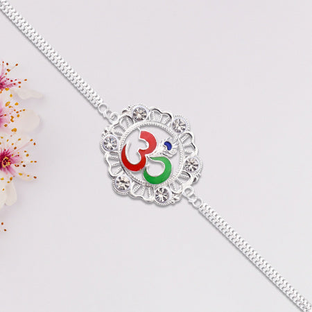 Silver Om Rakhi With Stone Embellishments Wukusy