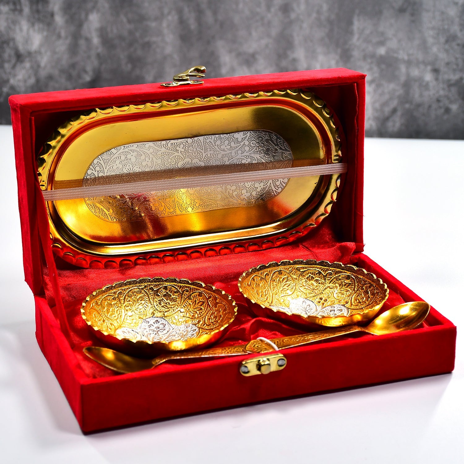 2947 Gold Silver Plated 2 Bowl 2 Spoon Tray Set Brass With Red Velvet Gift Box Serving Dry Fruits Desserts Gift Wukusy