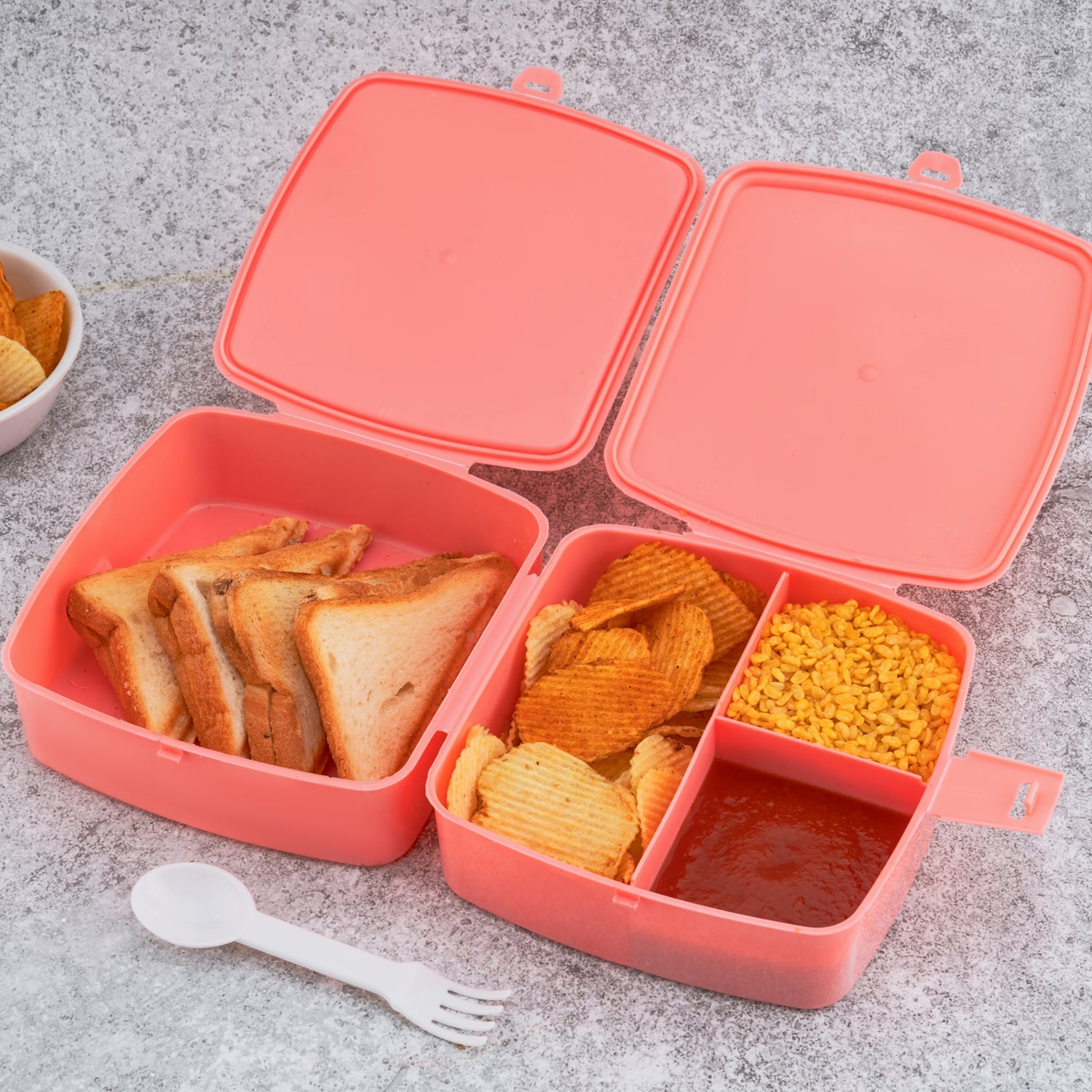 5787 Double-layer Square Lunch Box With  Spoon  4 Compartment Tiffin  Push Lock  Plastic Tiffin Box For Travelling School Kids  Office Exclusive Home Wukusy