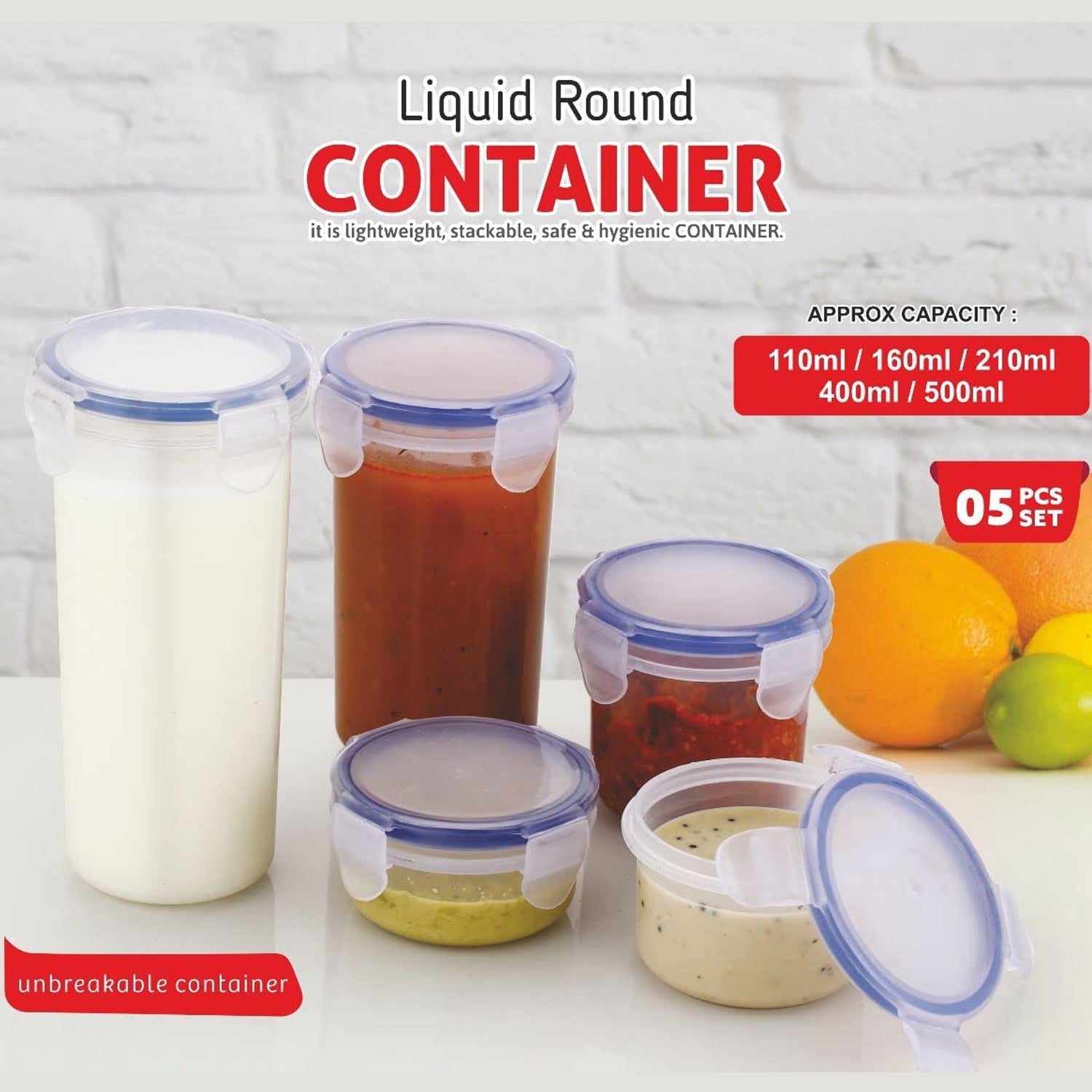 5830 Plastic Liquid Round Airtight Food Storage Container With Leak Proof Locking Lid Bpa Free Container For Kitchen 5 Pcs Set (Transparent  ( Approx Capacity 110 Ml160 Ml210 Ml400 Ml500 Ml) Wukusy