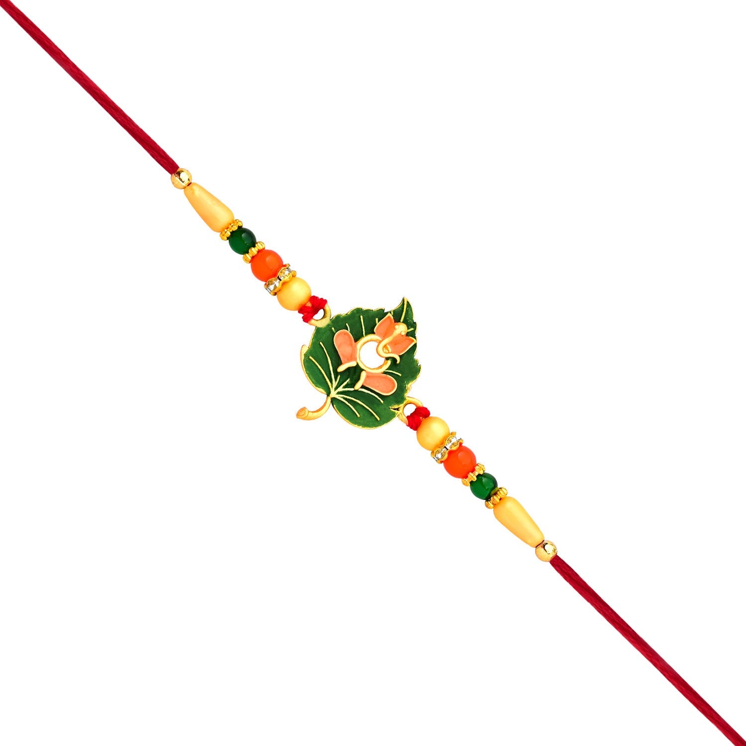 Green Tulsi Leaf Rakhi With Orange Enamel Flower And Beaded Thread Wukusy