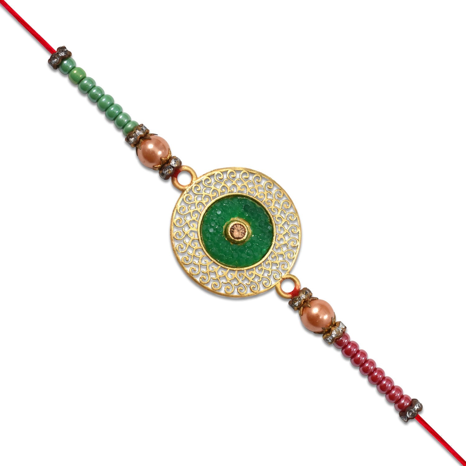 Elegant Green Circular Rakhi With Golden Filigree Design Wukusy