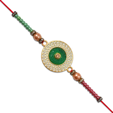 Elegant Green Circular Rakhi With Golden Filigree Design Wukusy