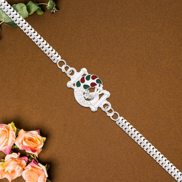 Silver Finish  Rakhi With Red-green Enamel Wukusy