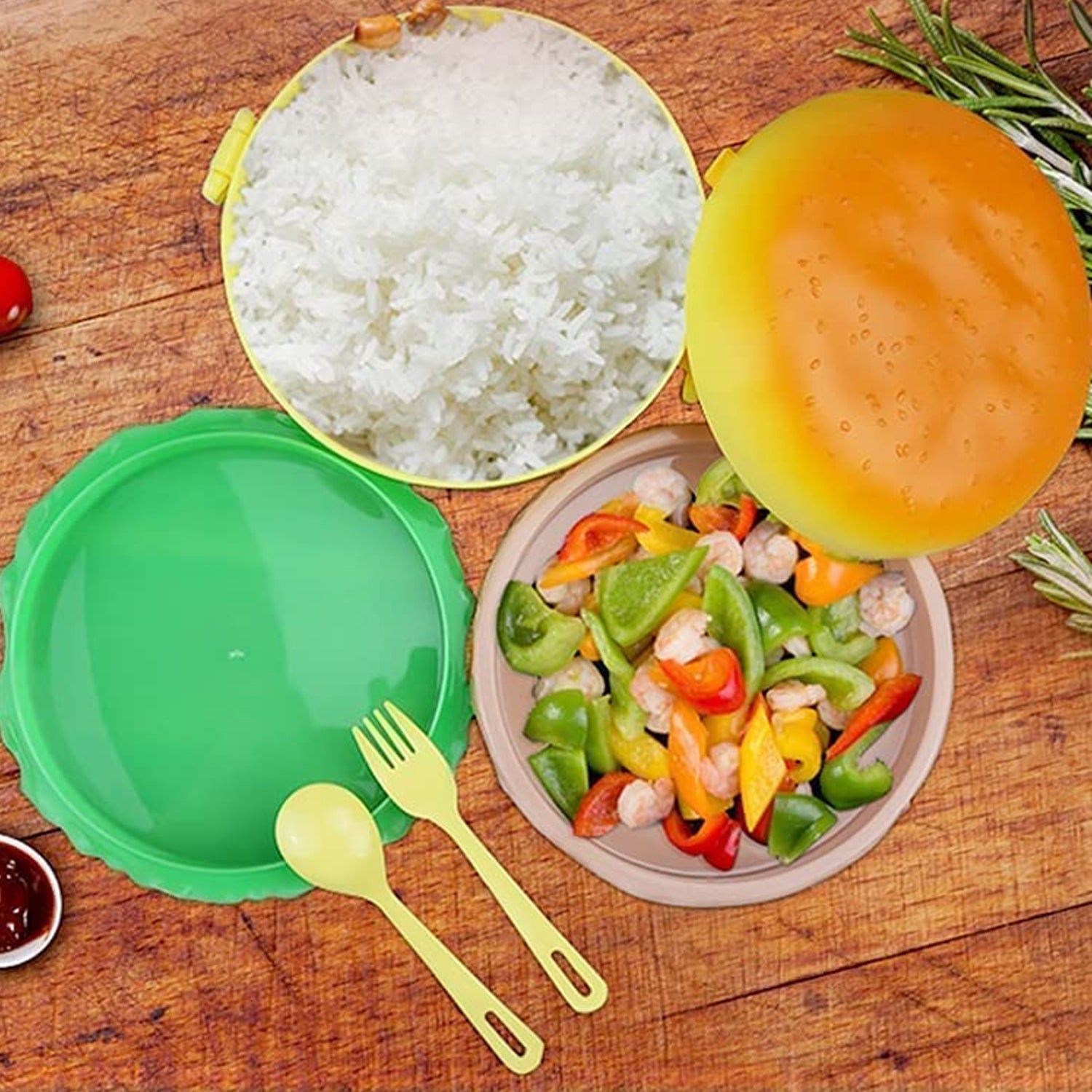 5313 Burger Shape Lunch Box Plastic Lunch Box Food Container Sets Double Layer Lunchbox 1000ml With 2 Spoon Applicable To Kids And Elementary School Students Wukusy
