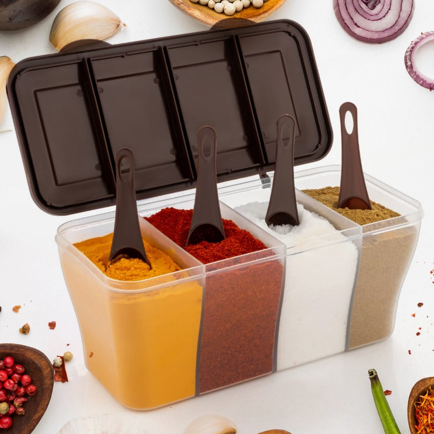 5578 Kitchen Multipurpose Air-tight 4 Sections Storage Containers  Pickle (Achar) Jar With 4 Spoon For Each Section (1 Pc  Mix Color) Wukusy