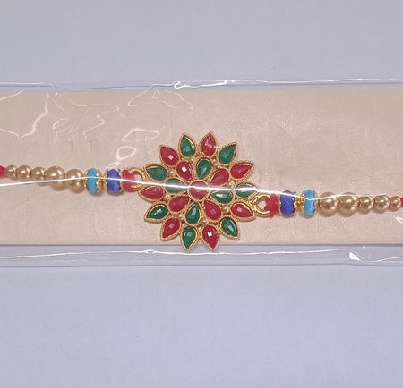 Red And Green Colored Stone Flower Design Rakhi Wukusy