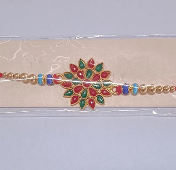 Red And Green Colored Stone Flower Design Rakhi Wukusy