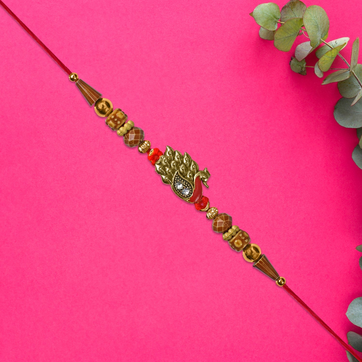 Antique Peacock Feather Rakhi With Beaded Thread Wukusy