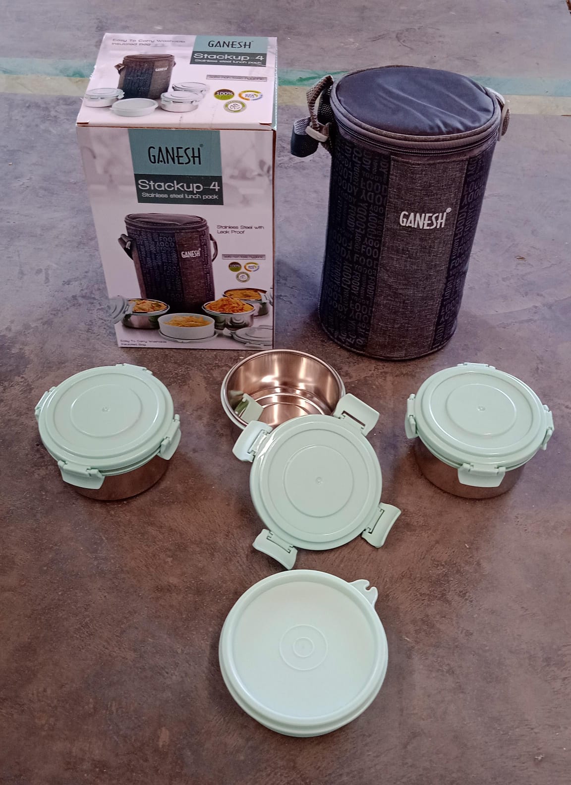 8717 4in1tiffin Box-lunch Box  3 Stainless Steel Containers 300 Ml Approx  Plastic Salad Container 200 Ml Approx Plastic Lid Box  Round Zip Bag  Leak Proof  Microwave Safefor Office College And School For Men Women Wukusy