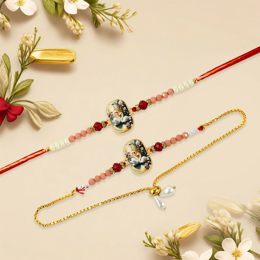 Elegant Swan Design Bhaiya Bhabhi Rakhi Set  Premium Printed Tile Rakhi With Crystal Beads  Adjustable Bracelet