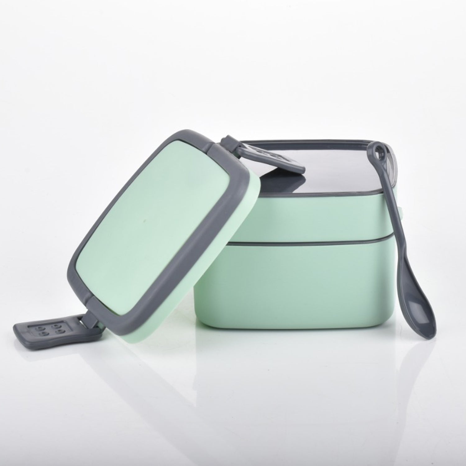 2860 Green Double-layer Portable Lunch Box Stackable With Carrying Handle And Spoon Lunch Box Wukusy