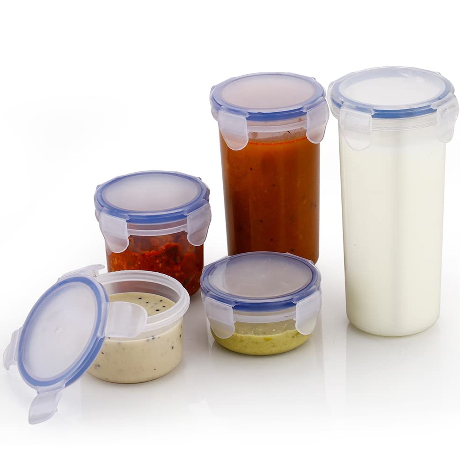 5830 Plastic Liquid Round Airtight Food Storage Container With Leak Proof Locking Lid Bpa Free Container For Kitchen 5 Pcs Set (Transparent  ( Approx Capacity 110 Ml160 Ml210 Ml400 Ml500 Ml) Wukusy