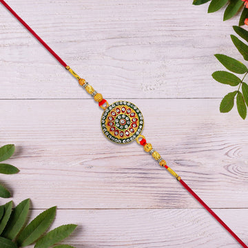 Royal Designer Rakhi With Kundan Centerpiece Red  Green Enamel Work And Golden Beads Wukusy