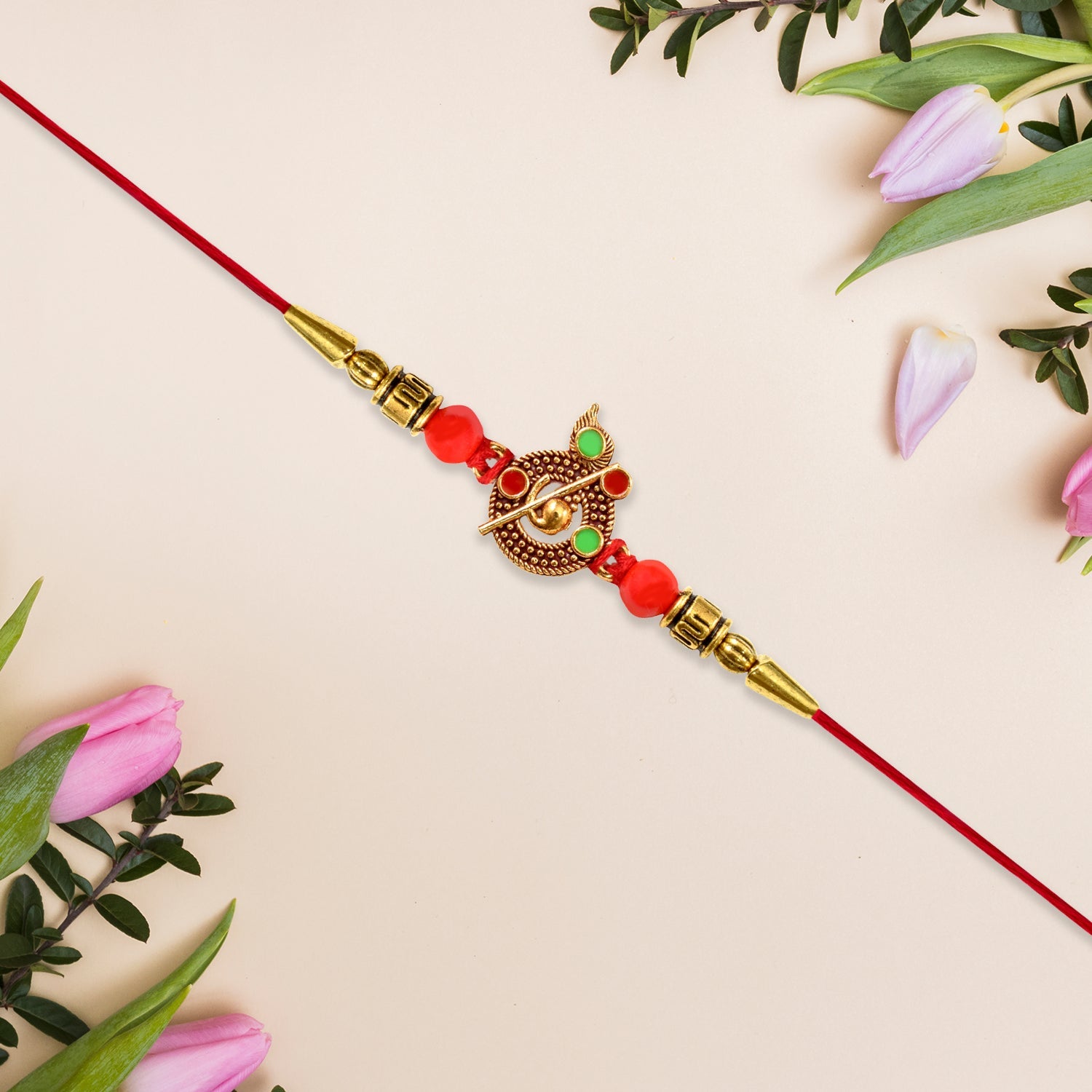Red Beaded Rakhi With Krishna Symbol Wukusy