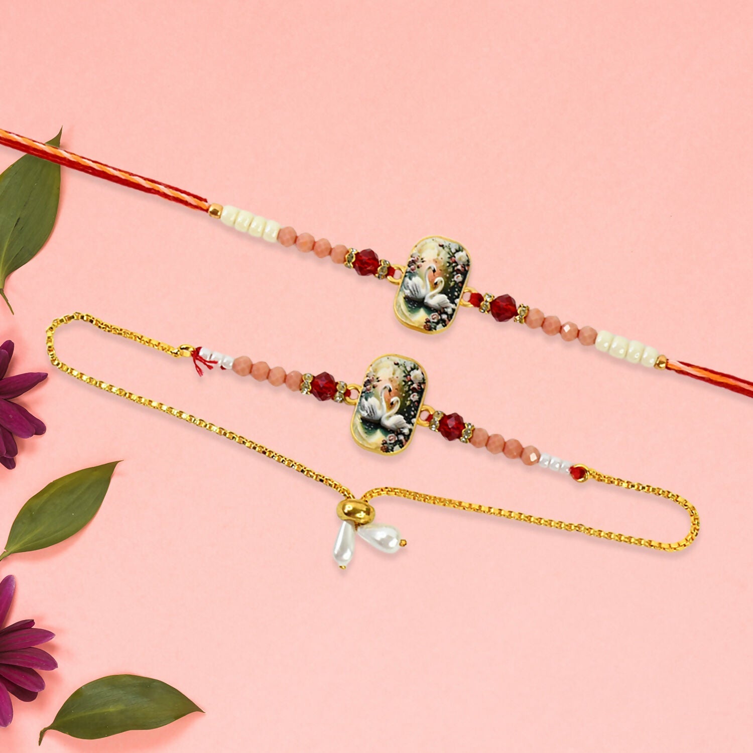 Elegant Swan Design Bhaiya Bhabhi Rakhi Set  Premium Printed Tile Rakhi With Crystal Beads  Adjustable Bracelet Wukusy