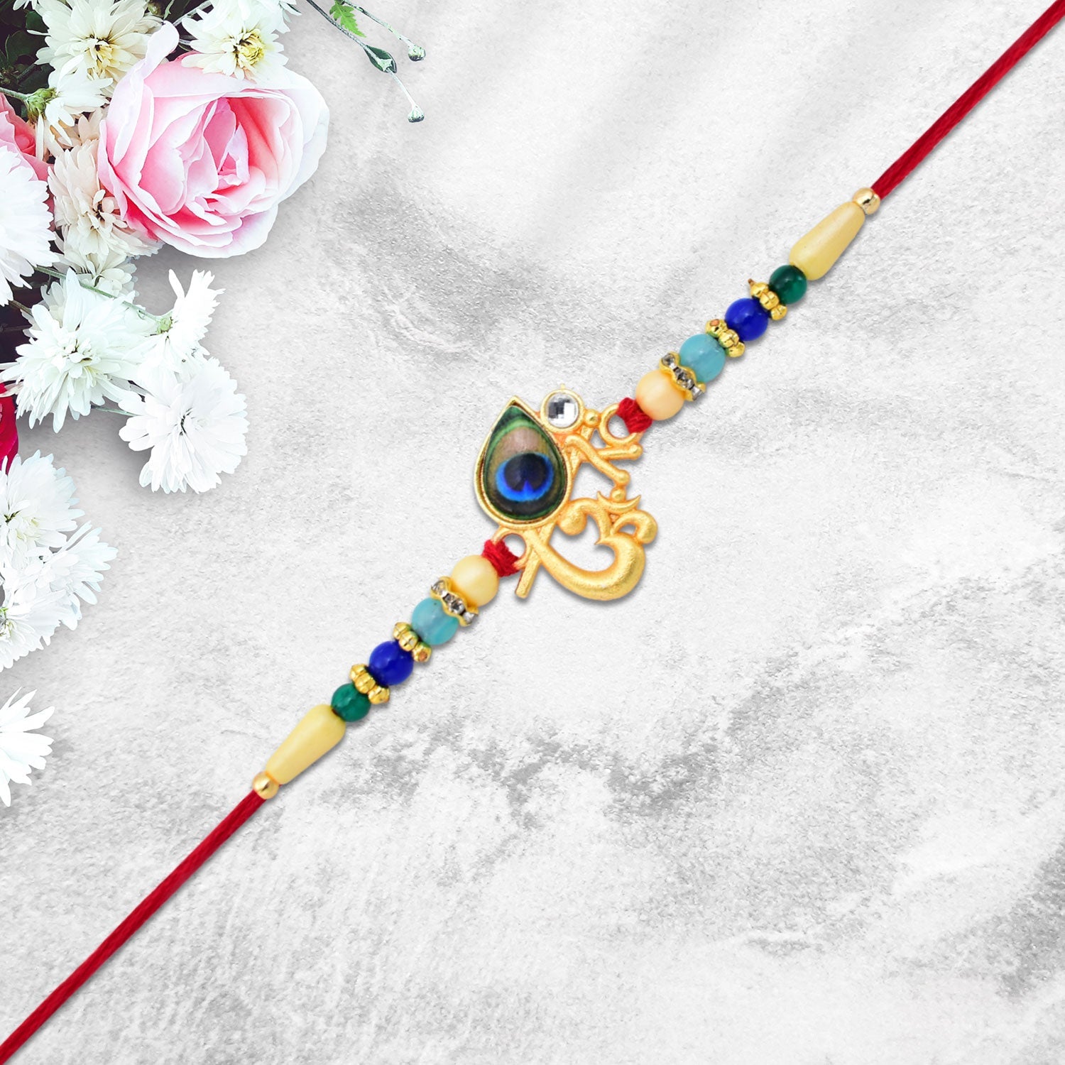 Divine Govind Rakhi With Peacock Feather Design And Multicolor Beads Wukusy