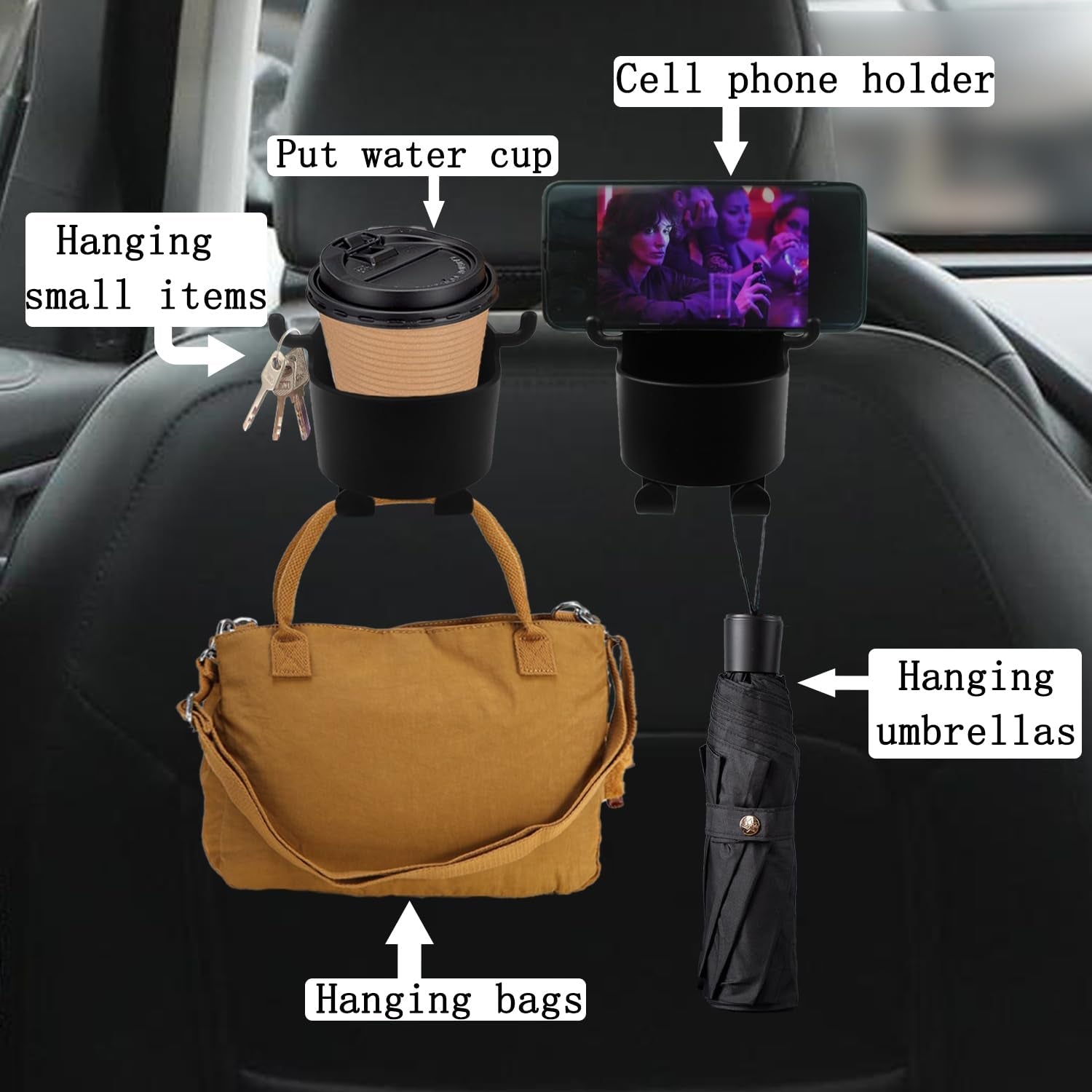 8548 Car Headrest Backseat Organizer 3 In 1 Automotive Cell Phone Drink Cupholder Adapter With Headrest Hooks For Kids And Adults Multifunctional Storage For Car Travel Accessories Wukusy