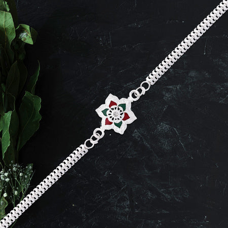 Silver Lotus Rakhi With Red-green Enamel  Chain Strap Wukusy