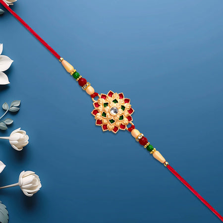 Multicolor Floral Rakhi With Mirror Center And Beaded Thread Wukusy
