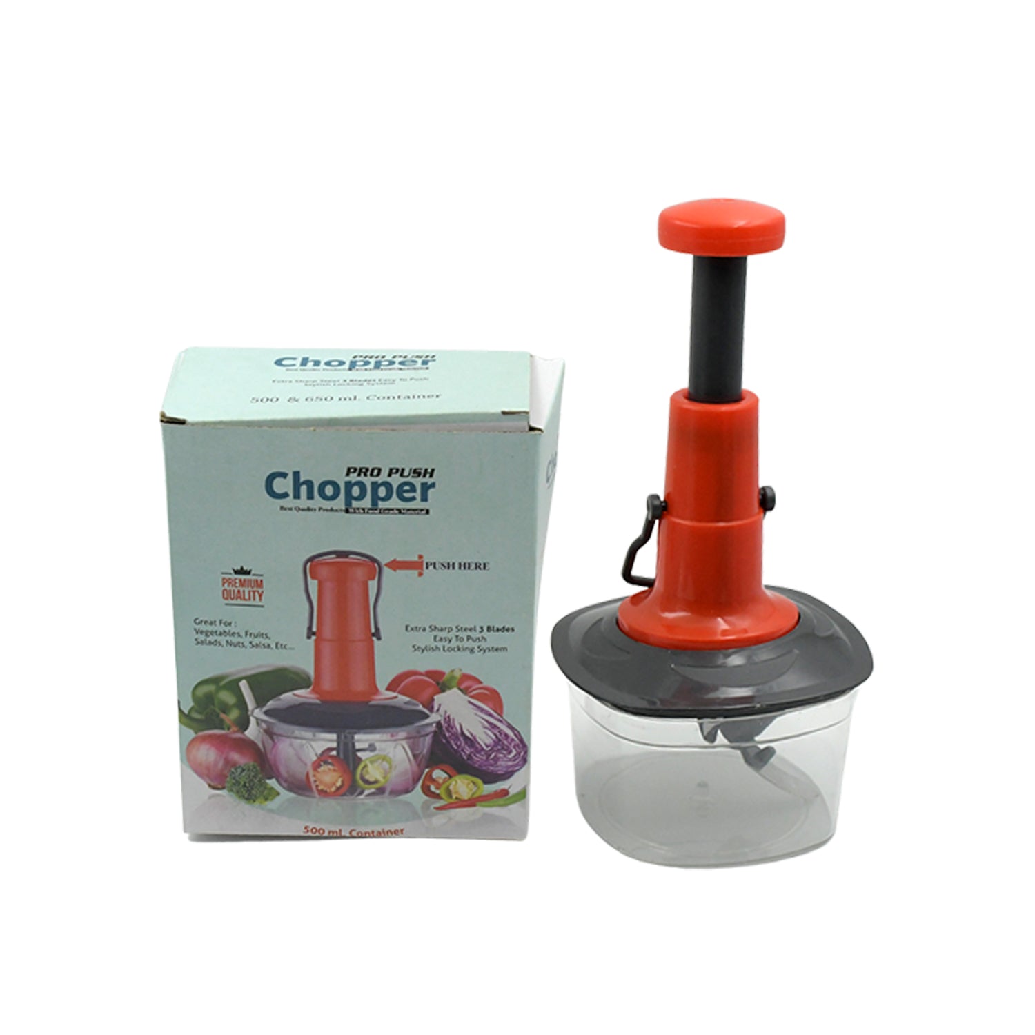 5790 Manual Press Fruit  Vegetable Chopper With 3 Stainless Steel Blades Anti-slip Base And Locking System Cutting Chopper For Kitchen (650 Ml) Wukusy