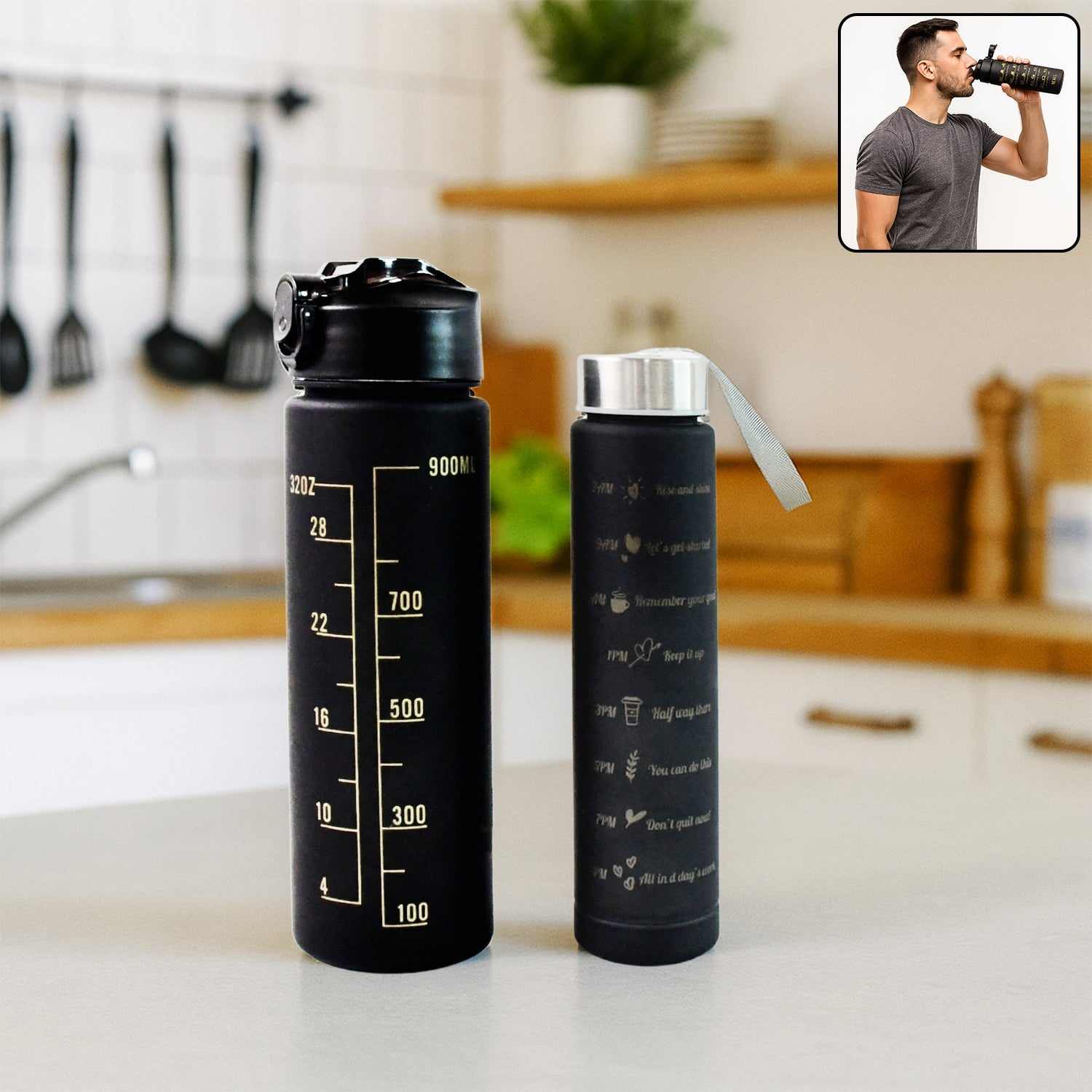 2 Pc Premium Black Motivational Water Bottle Set (900 Ml + 300 Ml) Wukusy