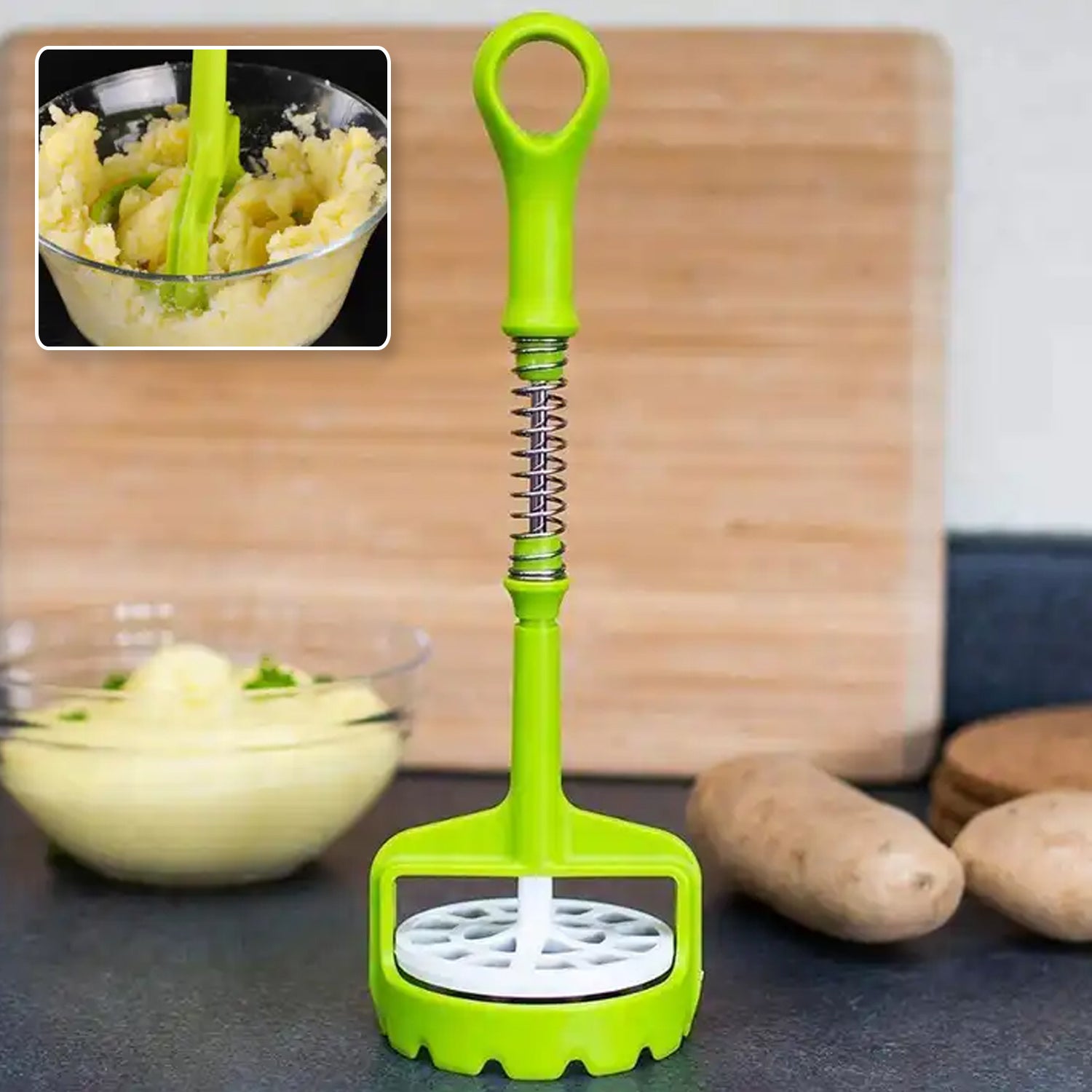 5768 Multi Functional One-handed Plastic Manual Mashed Potatoes Masher Mash Sweet Potato Masher With Comfort Grip And Stainless-steel Spring Design For Nonstick Pans (1 Pc) Wukusy